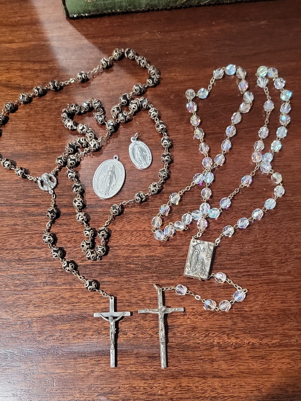 Pair of Silver Crucifix Rosary Necklaces with Crystal Beads & Miracules pendants